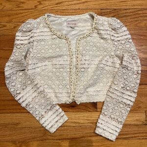 Elegant Ivory Lace Cropped Jacket with Pearl & Jewel Trim & Sheer Lace Sleeves
